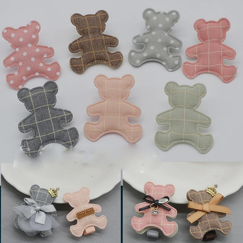 Lovely Grid Cloth Bear Heart Appliques for Cloth Decoration, Angel Wing Hair Accessories, Sew on 4.1x4.9 cm, 40Pcs Lot