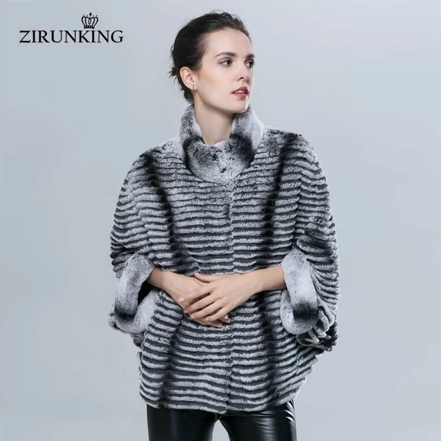 ZIRUNKING-Chaqueta de piel auténtica de conejo para mujer, abrigo de piel auténtica de Color Chinchilla, ajustado de lujo, manga de murciélago, gran