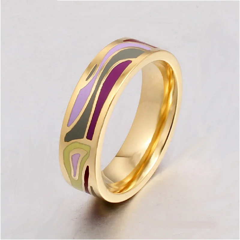 Fine Stainless Steel Rings 6mm Width Geometric Design Women Enamel Jewelry Retro Holiday Gift