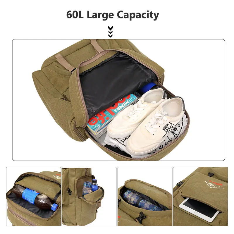 60L 80L Large Camping Bag Traveling Backpack Canvas Luggage Multi-function Climbing Men Hiking Shoulder Bags XA26D