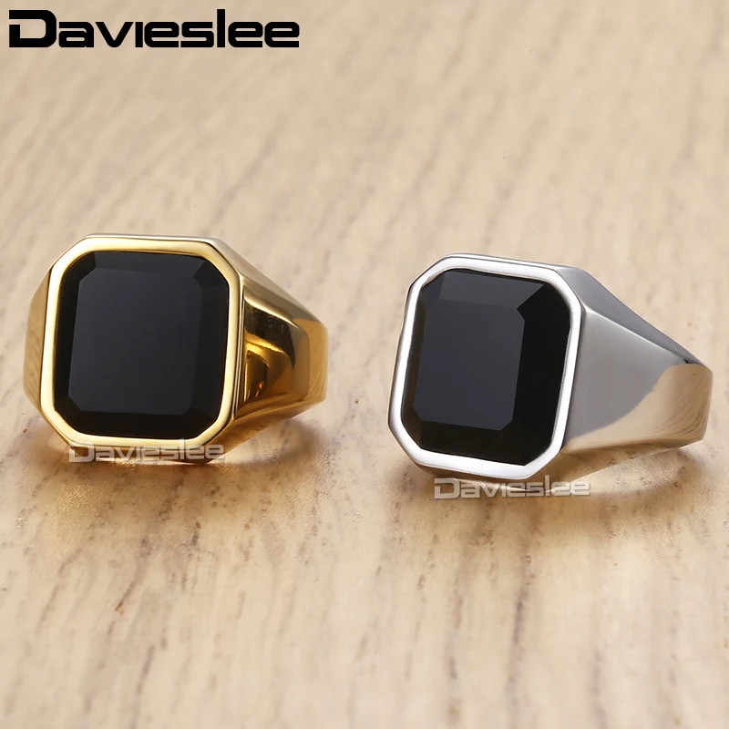 

Davieslee Punk Rings For Men Smooth 316L Stainless Steel Black CZ Gold Silver Color Men's Rings Male Jewelry Wholesale DHRM63