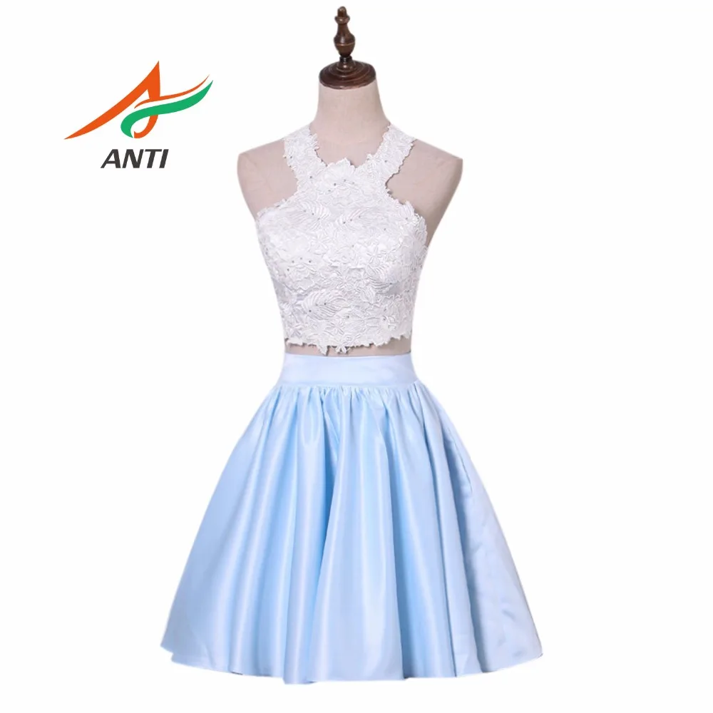 Hohe Qualität Blau Zwei Stücke Junior Hoch Graduation Dresses 2018 Weiß Und Blau Kristall Homecoming Kleid Kurzes Partei-kleid