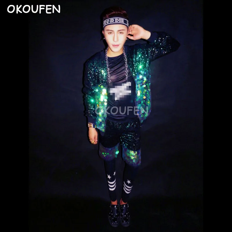 

New Super Cool Male Green Sequins Hip-hop Baseball Uniform Costumes suit Stage show performance wear