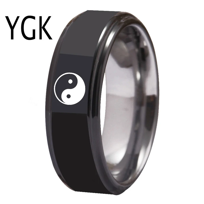 

YGK Jewelry Black Step SILVER INSIDE TAIJI YINYANG Tungsten Ring New Men's Classic Wedding Engagement Anniversary Lover's Ring