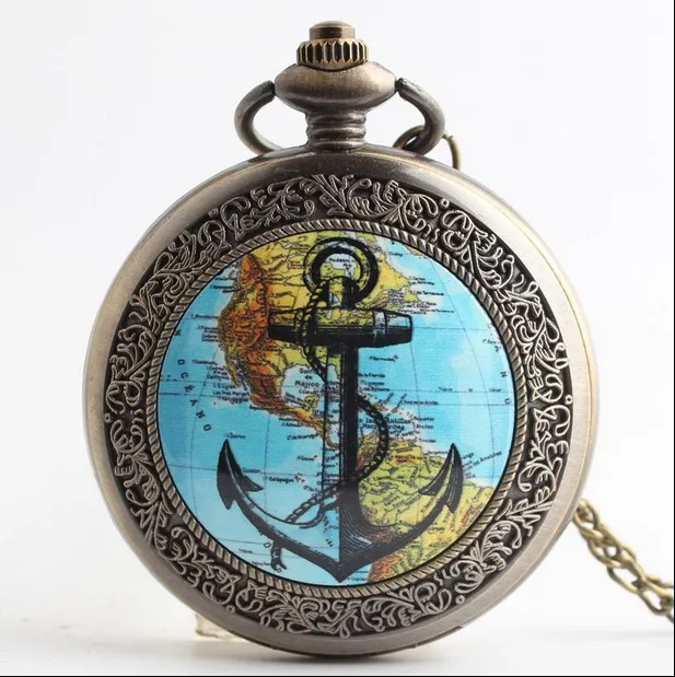 Fashion Bronze Silver Map of Americas and Anchors Quartz Pocket Watch Analog Pendant Necklace Mens Womens Watches Gift PB88