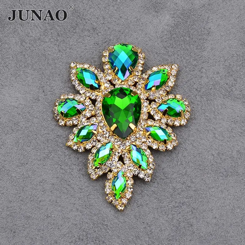 JUNAO 2pcs 45*59mm Sewing Green AB Crystals Flowers Glass Rhinestones Dress Applique Claw Crystal Stones For DIY Shoes Crafts