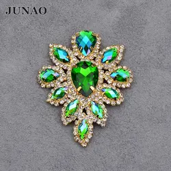 JUNAO 2pcs 45*59mm Sewing Green AB Crystals Flowers Glass Rhinestones Dress Applique Claw Crystal Stones For DIY Shoes Crafts