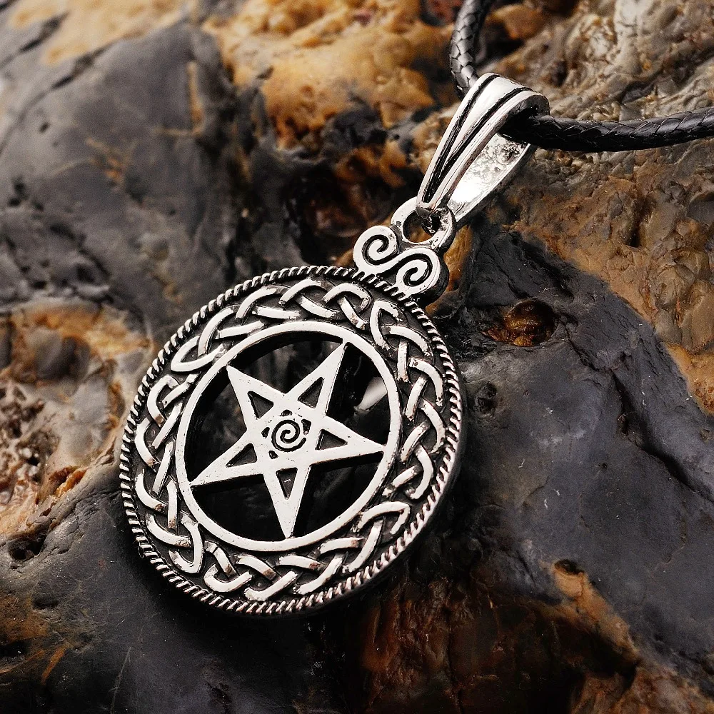 LangHong 1pcs Pewter Norse Vikings Pendant Necklace Celttic knot Pentagram Pentacle Star Pewter Wicca Pendant Necklace