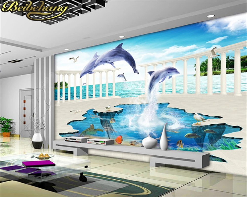 beibehang wall paper 3D stereoscopic underwater world children's room living room mural wall wallpaper Dolphin wallpaper