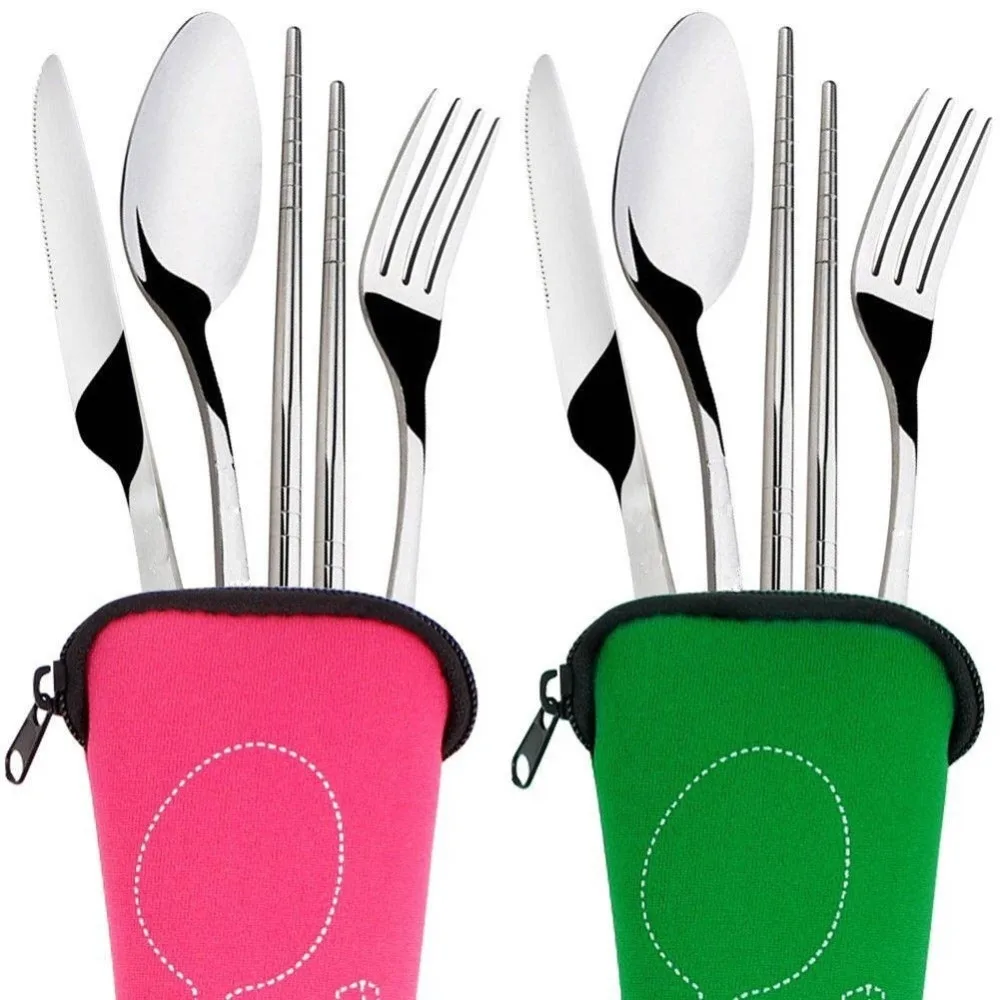 4Pcs/Set Stainless Steel Cutlery Tools Outdoor Camping Flatware Set Fork/Spoon/Knife/Chopsticks Pocket Utensils Picnic Tableware