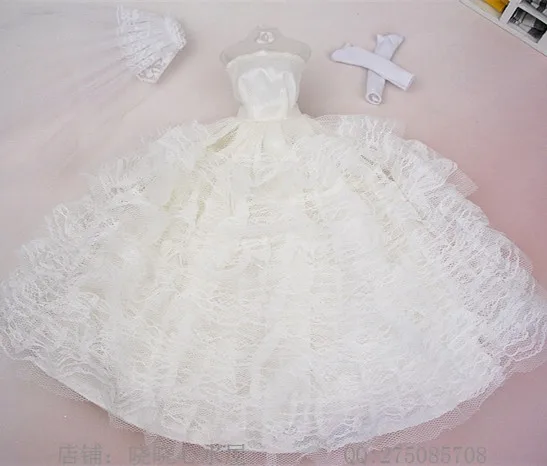 

Fashion 7 Layers White Wedding Dress with Veil Doll Evening Party Dress Gown Skirt Dolls Clothes Clothing