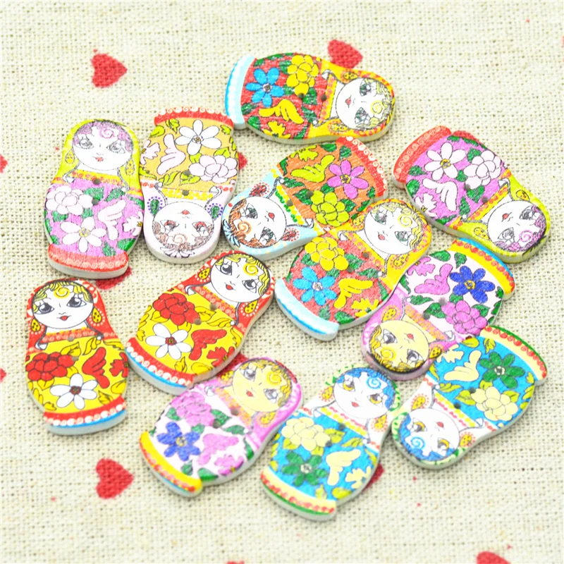 11mm X 29mm di Legno Bambole Russe Bottoni | Flatback 2-fori Decorazione Bottoni | Bambini Del Fumetto Bottoni | Scrapbooking Ornati e Decori