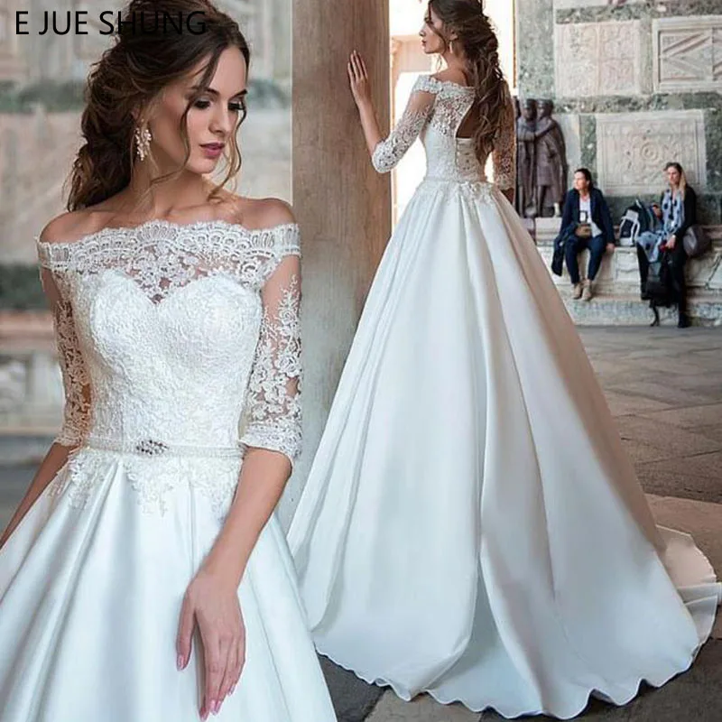 

E JUE SHUNG White Lace Appliques Wedding Dresses Off The Shoulder Half Sleeves Bridal Gowns Pearls Sash