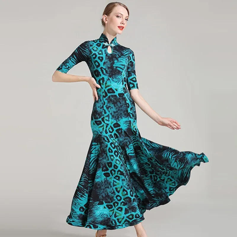 

blue leopard ballroom dress woman ballroom dance clothes spanish flamenco dress viennese waltz dress fringe tango dress