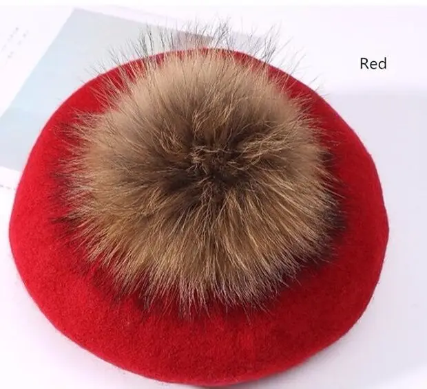 Winter women casual wool berets caps Thick warm hat Raccoon fur pom pom knitted cashmere berets hats Winter girl\'s cap