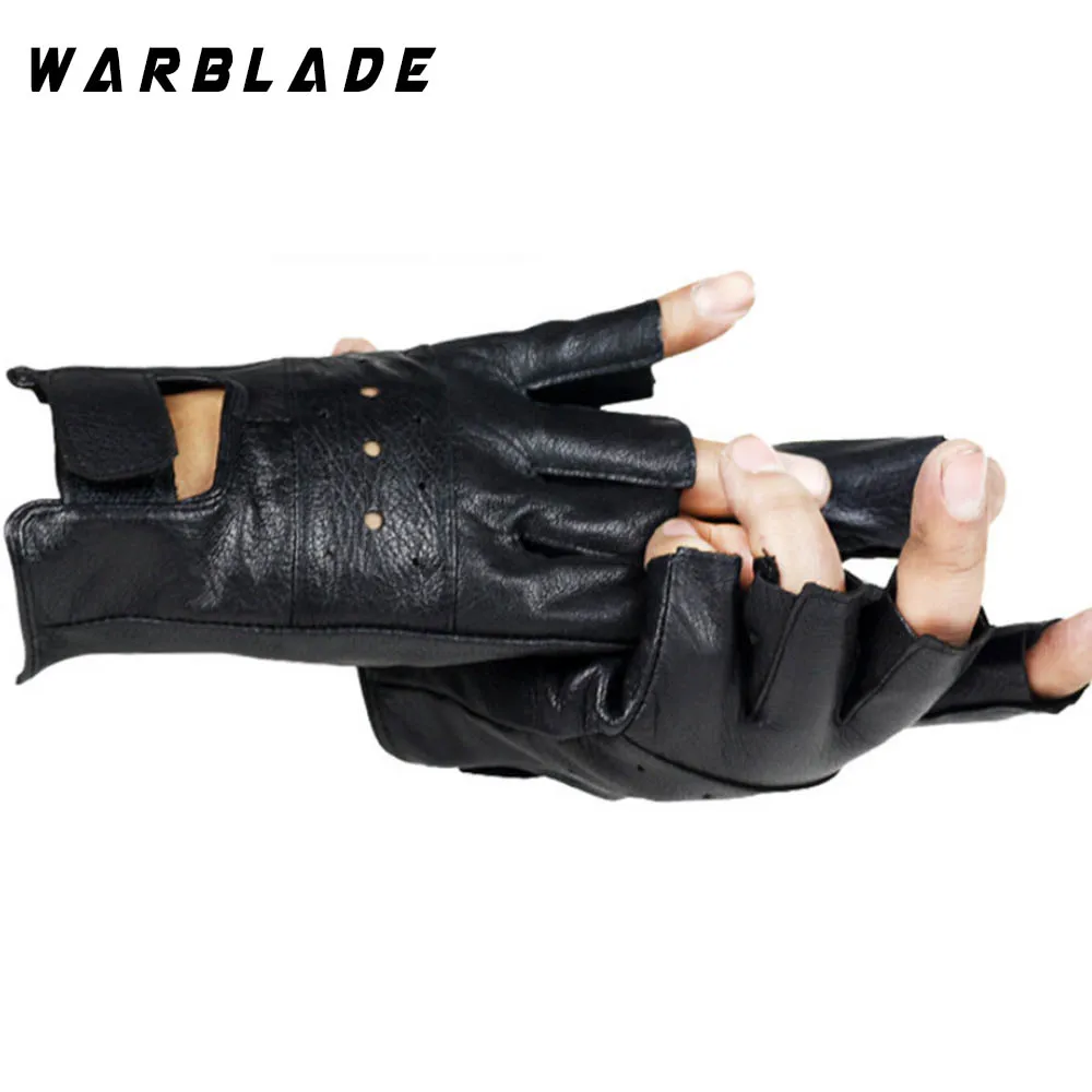 WarBLade-guantes de piel auténtica para hombre, manoplas antideslizantes de medio dedo, de piel de oveja, sin dedos, para moto