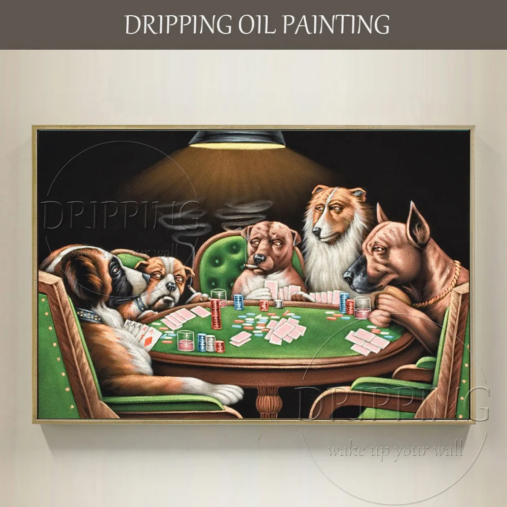 Unique Design Hand-painted Funny Animal Dogs Playing Poker Oil Painting on Canvas Handmade Wall Decor Dog Gambling Oil Painting