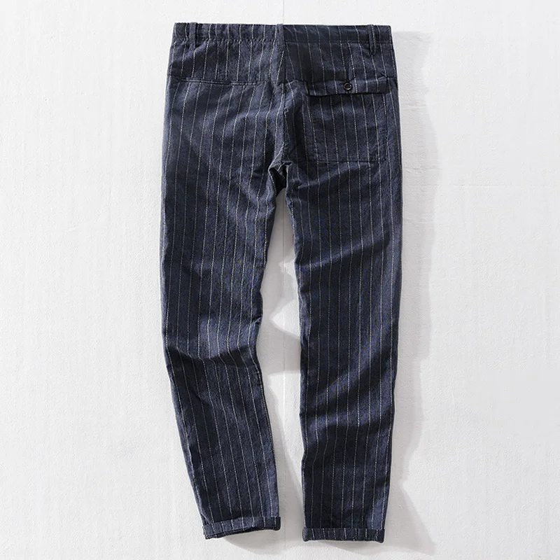 Suehaiwe's brand long pants men linen and cotton striped trousers men loose casual blue pants mens 30-40 size pantalones broek