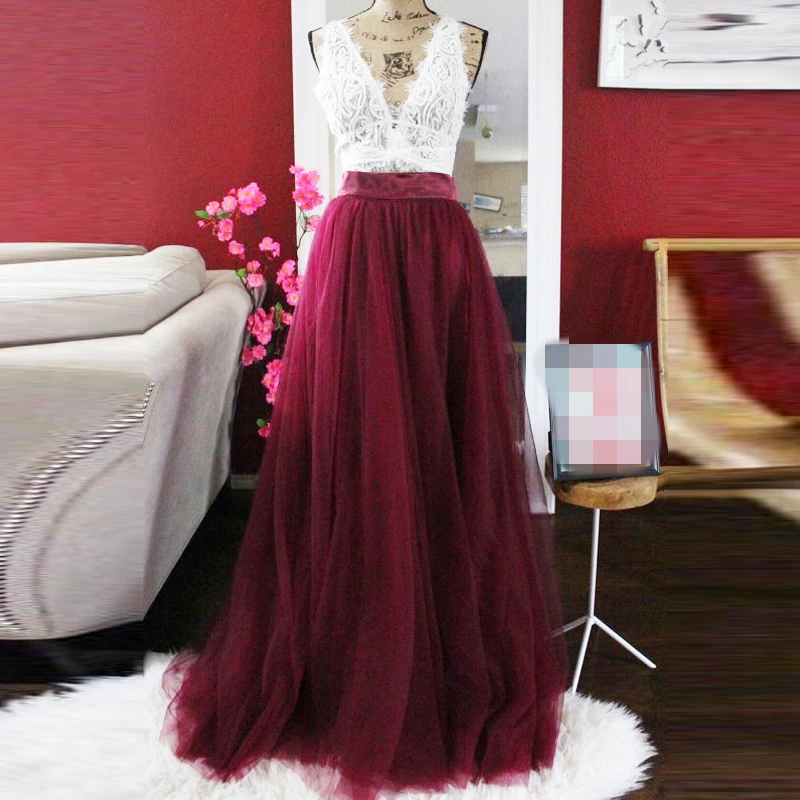 Burgundy Wine Red Tulle Skirt Personalized Ribbon Wasit A Line Floor Length Full Length Skirt Real Photo Long Maxi Skirts Women