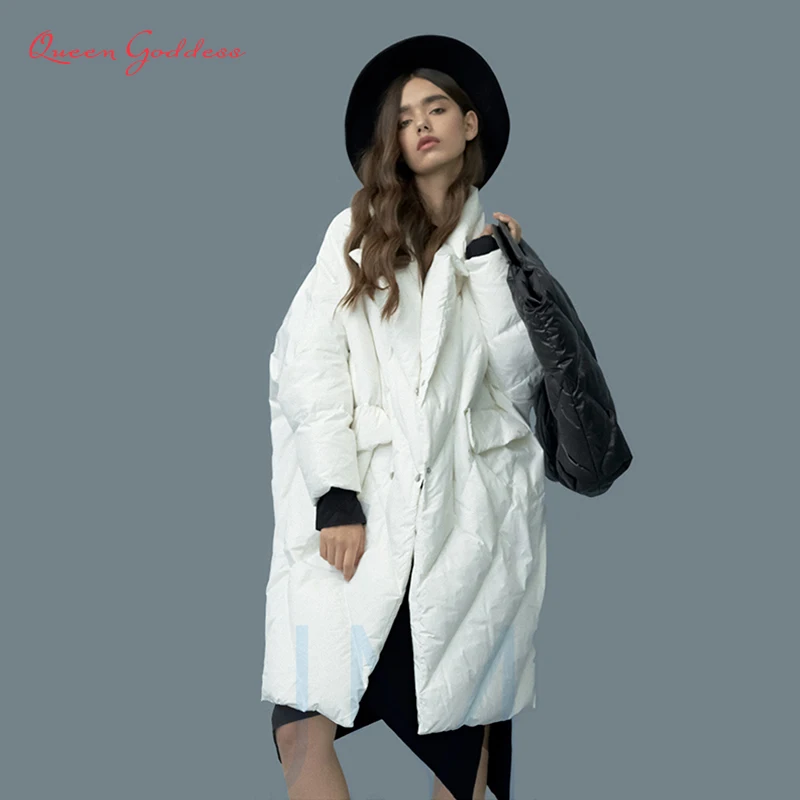 Winter New Listing Women Plus Size Long White Duck Down Jacket Cocoon&Bat Type Suit Collar 7XL Thicken Parkas Big Pocket