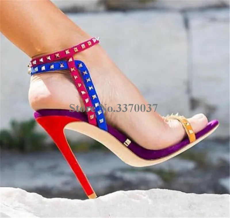 New Fashion Women Open Toe Metallic Studs Thin Heel Sandals Multi-Color Patchwork Suede Straps High Heel Sandals Club Shoes