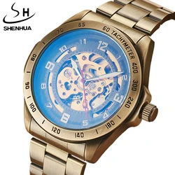 SHENHUA Luxury Brand Mens Automatic Skeleton orologi meccanici per uomo Retro Bronze Steampunk orologi da polso in acciaio pieno regali