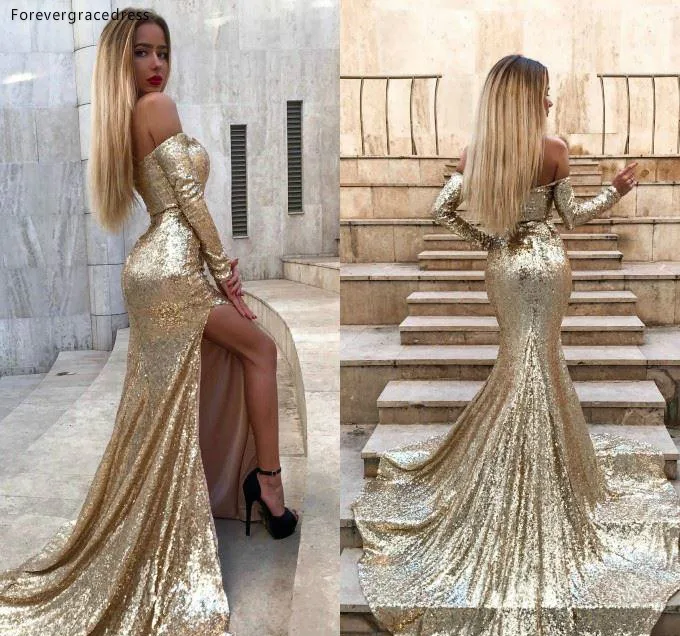 Mermaid Gold Pailletten Avondjurk Goedkope Off Shoulder Rode Tapijt Vakantie Vrouwen Dragen Formele Partij Prom Gown Custom Made Plus size