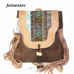 Ethnic Embroidery PU Flap Backpack for Women Fringe Beading Vintage Schoolbags Woman Daily Backpacks Travel Bag Retro Rucksacks