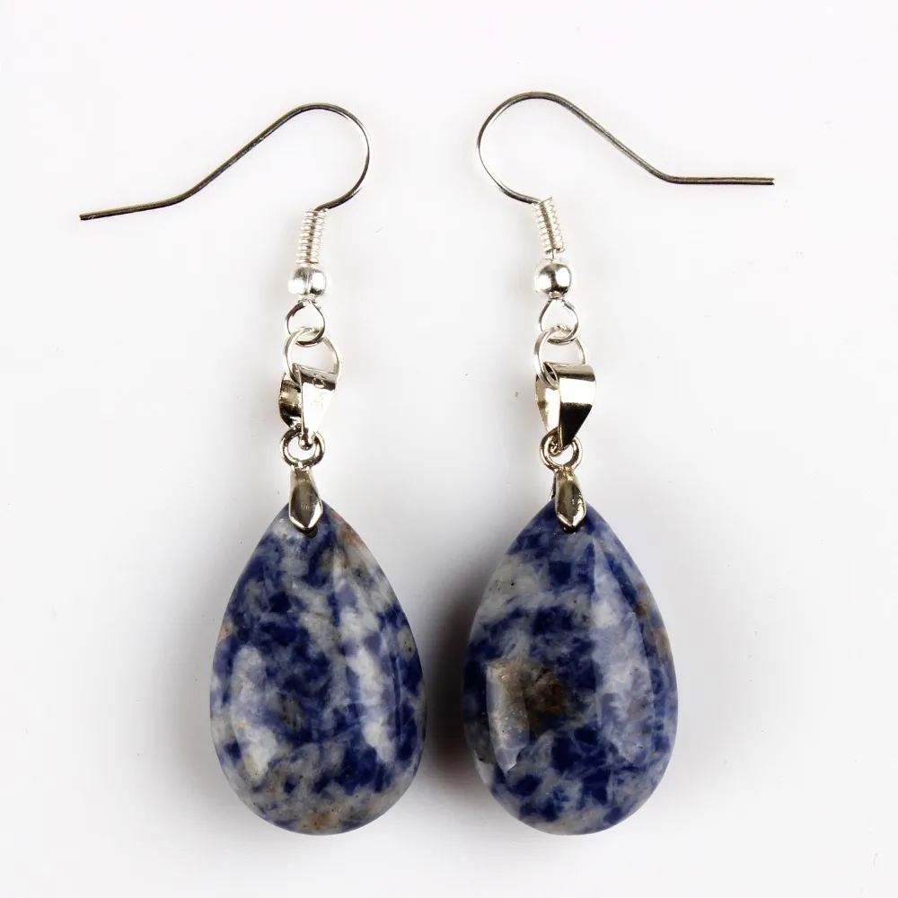 Sodalite Water Drop Dangle Hook Earrings Silver-color Point Crystal Healing Chakra Reiki Free Pouch