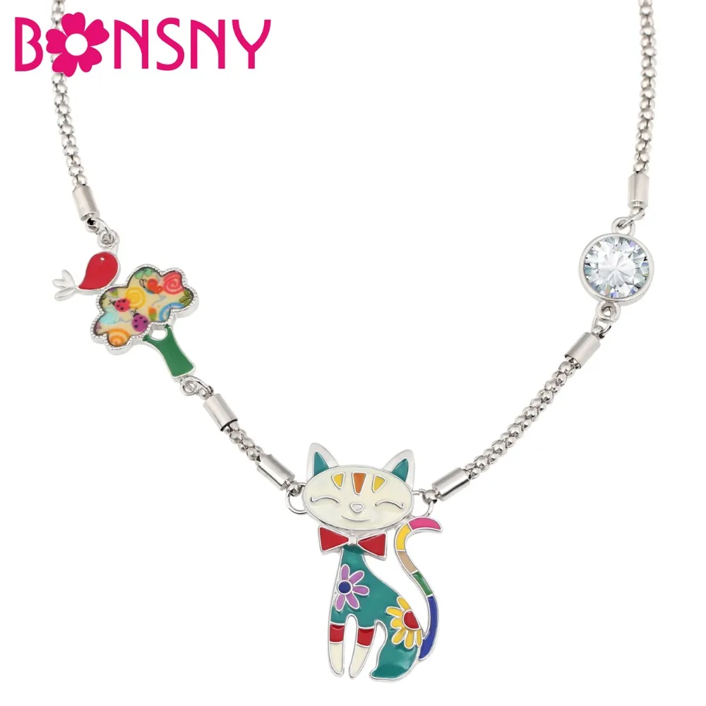 Bonsny Enamel Alloy Floral Smile Cat Tree Bird Rhinestone Necklace Pendant Novelty Cartoon Jewelry For Women Girls Teens Gift