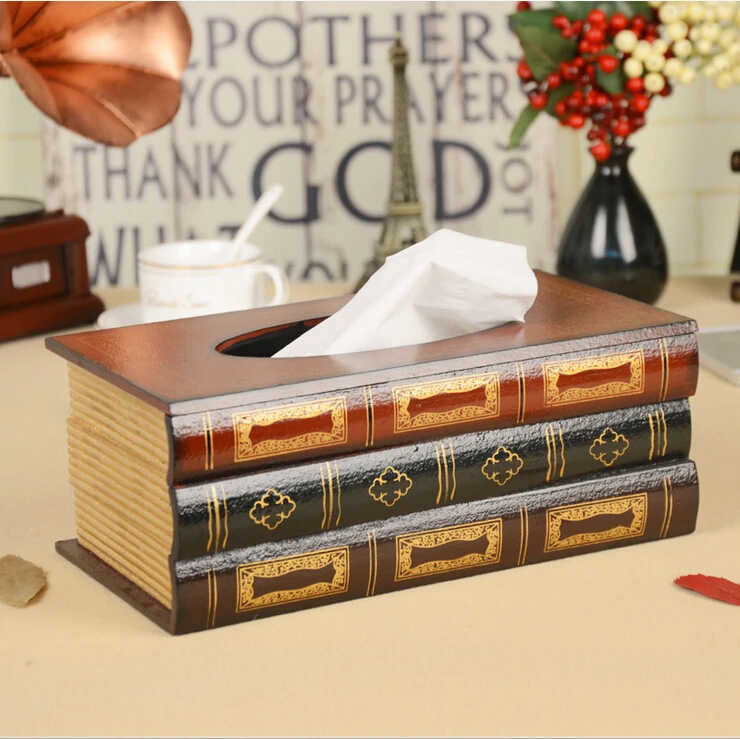 D European style retro wooden hand drawn paper box drawing paper box office bar desktop tissue box display