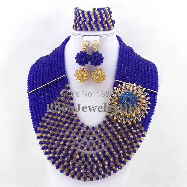 Eye-Catching Royal Blue Crystal Necklace Bracelet Earrings Sets Nigerian Wedding African Beads Jewelry Set   WS4645