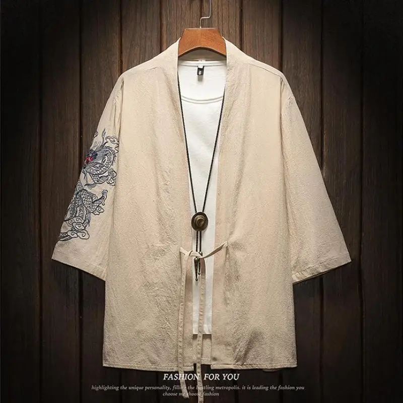 M-5XL Japanese Streetwear Kimono Shirt Men Chinese Dragon Embroiderd 3/4 Sleeve Collarless Shirts Cotton Office Wear XXXXXL