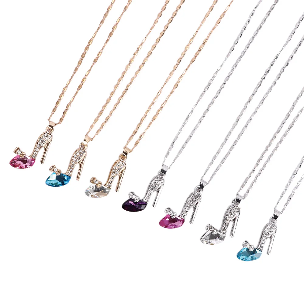 Fashion Cinderella High heel Pendant Long Necklace Multicolor Dream Rhinestone Girl's Crystal Shoes Necklace Jewelry