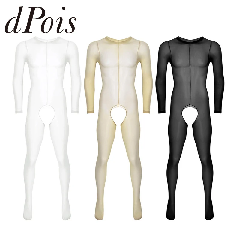 

Mens See Through Sheer Long Sleeves Round Neck Crotchless Footed Stretchy Body Pantyhose Tights Full Body Stocking