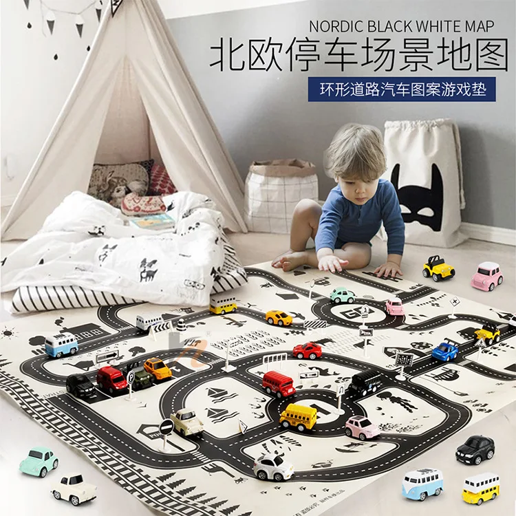 Nordic 130*100 City Parking Space Map Play Mat Waterproof /Traffic signs /Alloy Car Model For Children Educational Toys