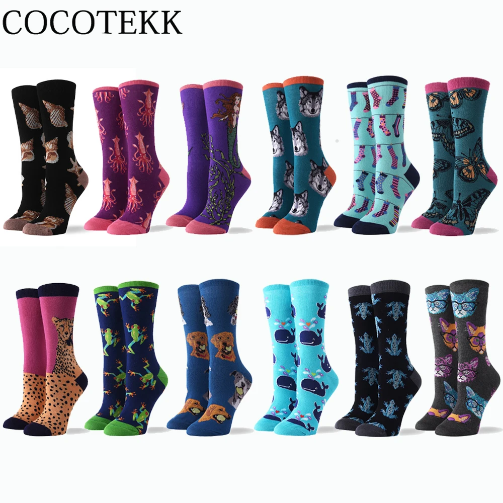 Skarpety damskie 2019 jesienno-zimowa ciepła moda Cartoon Harajuku Animal Cotton szczęśliwe skarpetki nowość Kawaii Trendy Street Crew Socks