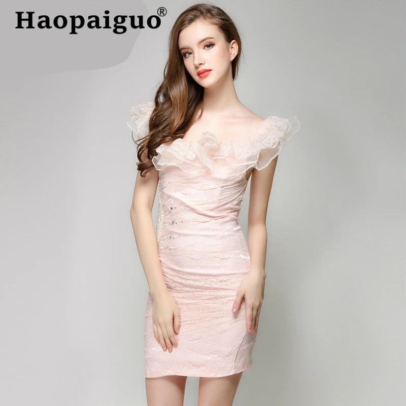 

Heavy Handmade River Pink Dress Summer 2019 Short Sleeve Corset Bodycon Dress Women Solid Formal Party Night Dress for Ladies