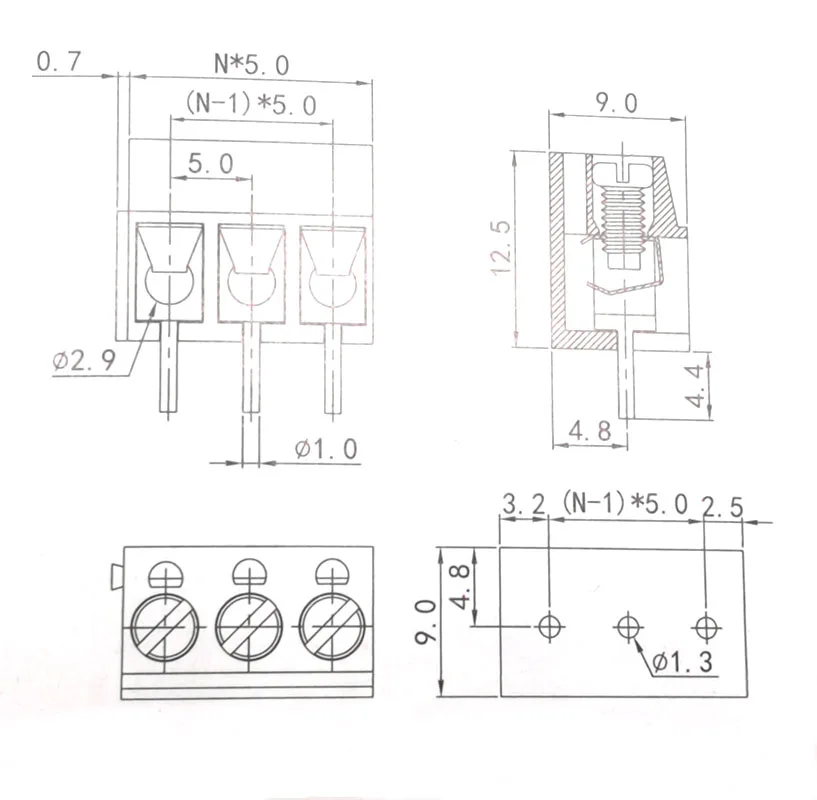 5mm Schrittweite Schraub-PCB-Klemmenblock Gerader Stift 2/3P Messing Morsettiera Kabelverbinder Bornier 300V 10A 30/50/100Stk – Detail 3