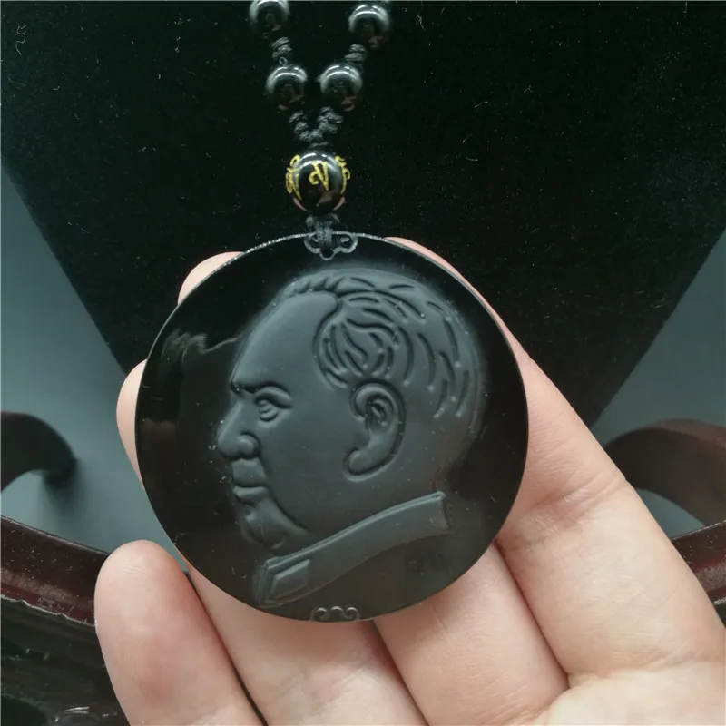 Beautiful Chinese Handwork Natural Black Obsidian Carved Chairman Mao Lucky Amulet Pendant + Beads Necklace Fashion Jewelry