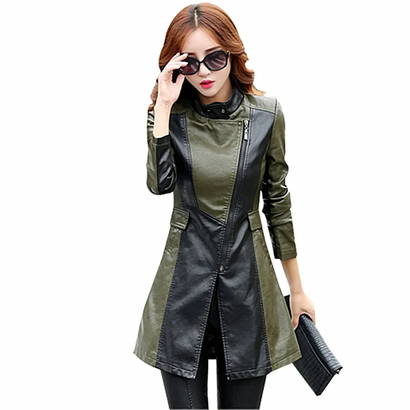 5xl Leren Jas Jas Vrouwen Mode Slim Patchwork Lange Vrouwelijke Jas Hoge Kwaliteit Pu Motorfiets 2024 Herfst Winter Bovenkleding