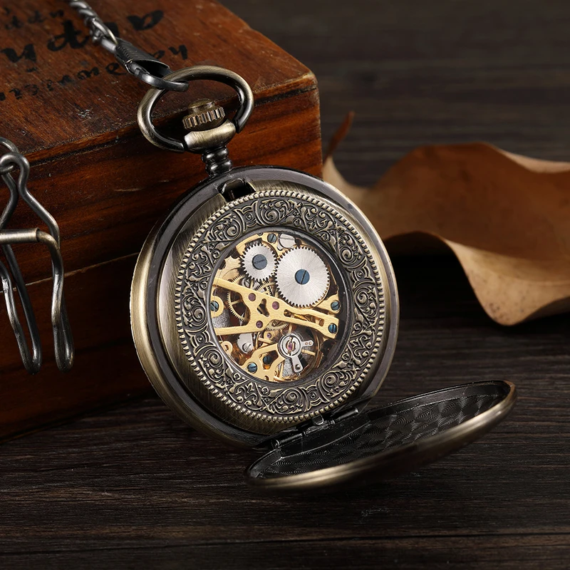 Dupla Face Mecânica Pocket Watch Homens Oco Steampunk Esqueleto Mão Vento Vintage Pocket & Fob Relógio Masculino Relógio Cintura Cadeia