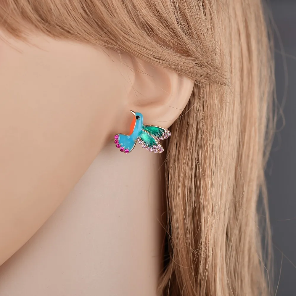 1 Pair Fashion Rhinestone Birds Stud Earrings for Women Vintage Blue Enamel Earring Fashion Jewelry Brincos