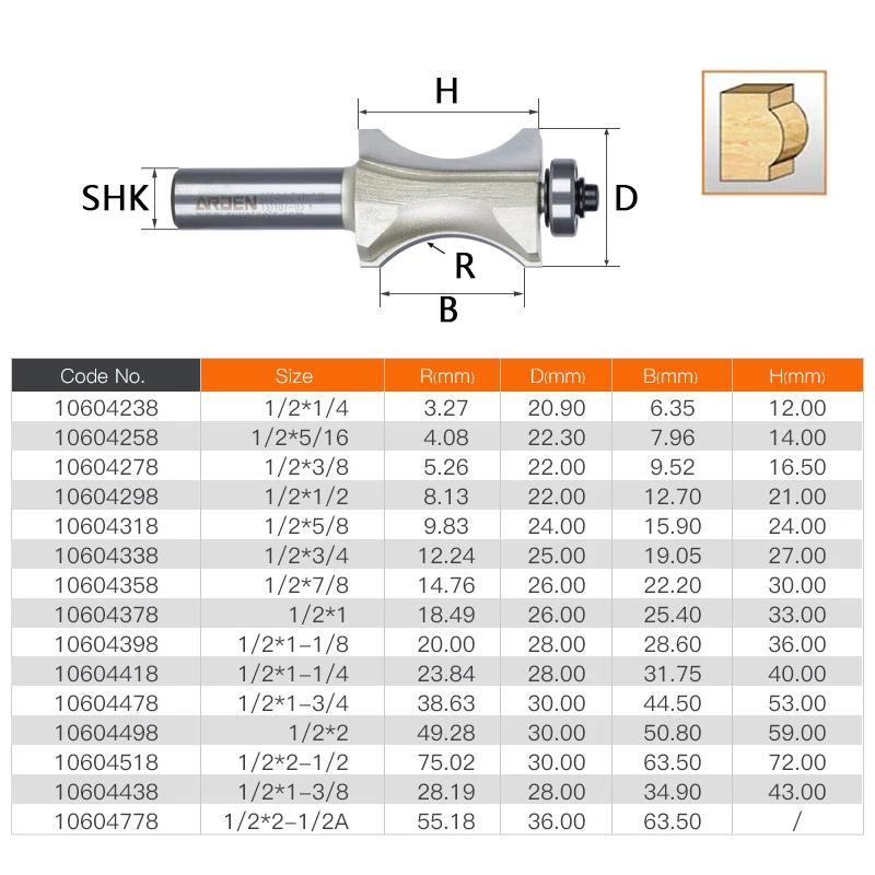 1/2 Shank Half Round bit Endmill Arden Router Bits for Wood Sunk Bead Bit With Bearing Woodworking Tool Milling Cutte