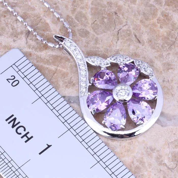 Magic Purple Cubic Zirconia White CZ Silver Plated Earrings Pendant Necklace Jewelry Sets S0787