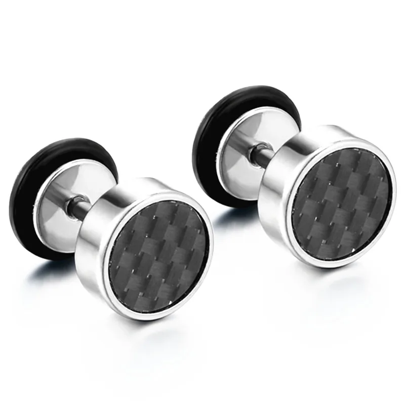 8mm Mens Black/Gold/Silver Color Stud Earrings Stainless Steel Illusion Tunnel Plug with Carbon Fiber Jewerly aretes de mujer