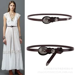 Vintage Retro Carved Metal Wide Double Buckle Belt Adjustable PU Waistband Women Elastic Belt Trendy For Jeans Straps YS150