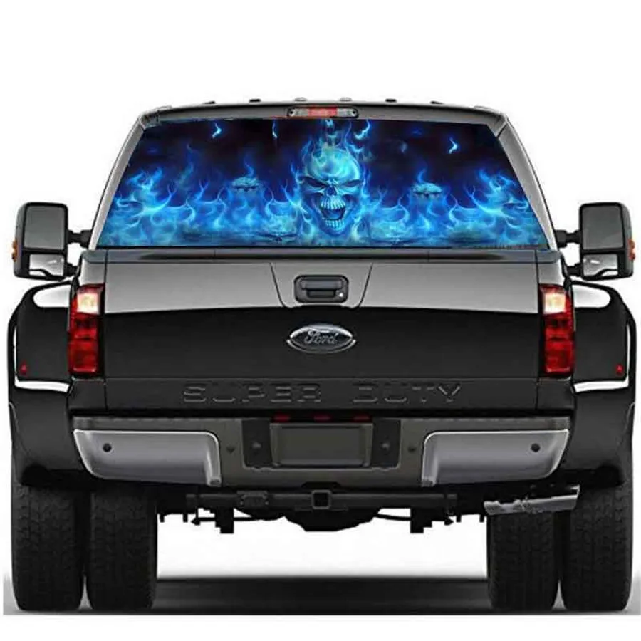 

Rear Window Car Sticker Blue Flaming Skull for Truck SUV JEEP surface of window 147x46cm