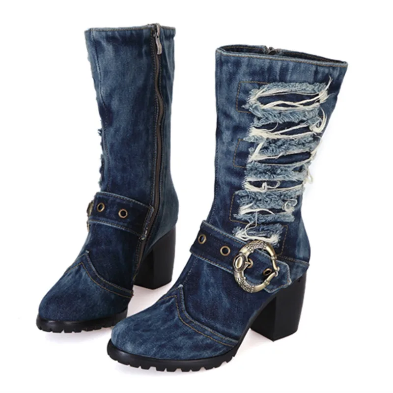 

Choudory 2017 New Arrival Mid-calf Blue Jeans Boots Cool Appliques Denim Boots For Women Short Cowboy Boots Shoes Woman