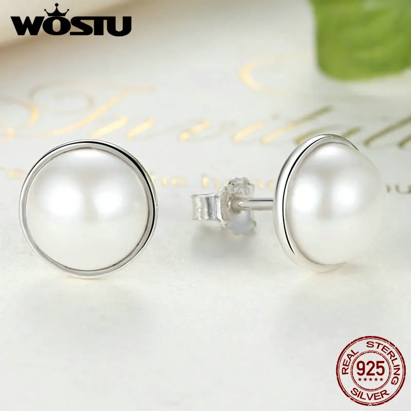 Real 925 Sterling Silver Elegant Beauty Stud Earrings With White Pearl For Women Compatible With  Brand Jewelry S925 Gift